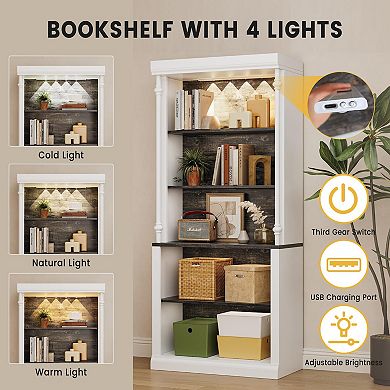 Tall Storage Bookcase with 5-Tier Open Shelves, Roman Column Design and 4 Adjustable Lights