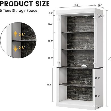 Tall Storage Bookcase with 5-Tier Open Shelves, Roman Column Design and 4 Adjustable Lights