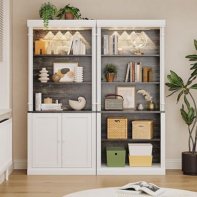 Tall Storage Bookcase with 5-Tier Open Shelves, Roman Column Design and 4 Adjustable Lights