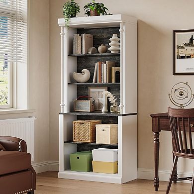 Tall Storage Bookcase with 5-Tier Open Shelves, Roman Column Design and 4 Adjustable Lights