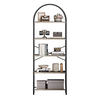 5 tier Arched Bookshelf, Tall Metal Frame Farmhouse Storage Rack in Grey