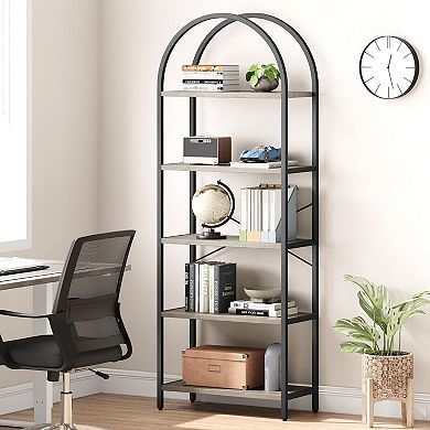 5-Tier Arched Bookshelf, Tall Metal Frame Farmhouse Storage Rack in Grey