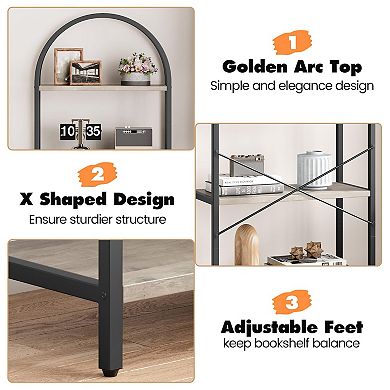 5-Tier Arched Bookshelf, Tall Metal Frame Farmhouse Storage Rack in Grey