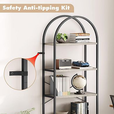 5-Tier Arched Bookshelf, Tall Metal Frame Farmhouse Storage Rack in Grey