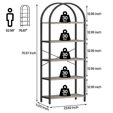 5-Tier Arched Bookshelf, Tall Metal Frame Farmhouse Storage Rack in Grey