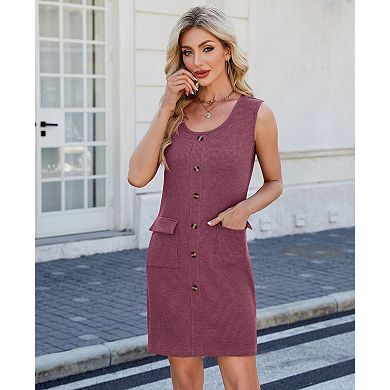 Women's Sleeveless Crewneck Button Tank Mini Dress Short T-Shirt Sundress with Pockets