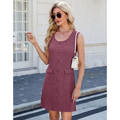 Women's Sleeveless Crewneck Button Tank Mini Dress Short T-Shirt Sundress with Pockets
