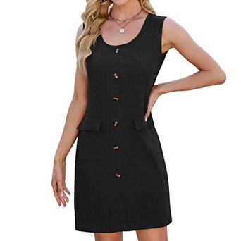 Women's Sleeveless Crewneck Button Tank Mini Dress Short T-Shirt Sundress with Pockets