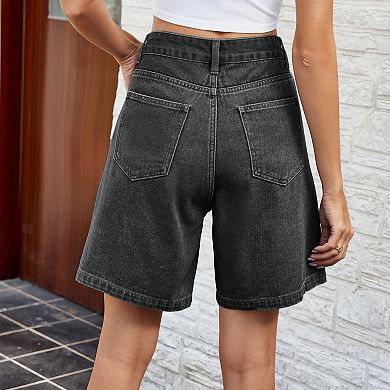 Women's Loose Jean Shorts Button Adjustable Waist Wide Leg Rolled Up Shorts Summer Denim Shorts