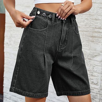 Women's Loose Jean Shorts Button Adjustable Waist Wide Leg Rolled Up Shorts Summer Denim Shorts