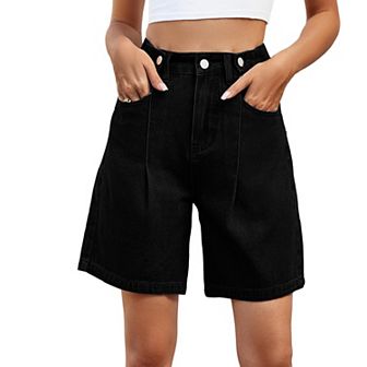 Women's Loose Jean Shorts Button Adjustable Waist Wide Leg Rolled Up Shorts Summer Denim Shorts