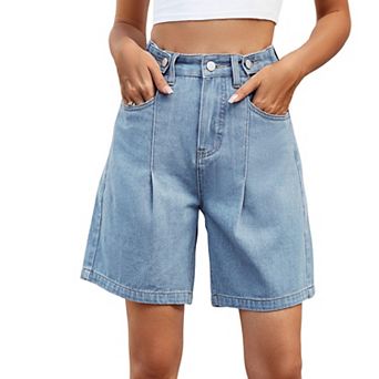Women's Loose Jean Shorts Button Adjustable Waist Wide Leg Rolled Up Shorts Summer Denim Shorts
