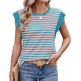 Womens Tank Tops Summer Casual Cap Sleeve Striped Shirt Crewneck T Shirts Loose Blouses