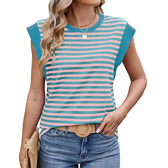 Womens Tank Tops Summer Casual Cap Sleeve Striped Shirt Crewneck T Shirts Loose Blouses