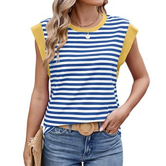 Womens Tank Tops Summer Casual Cap Sleeve Striped Shirt Crewneck T Shirts Loose Blouses