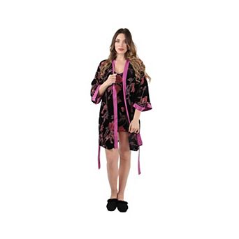 Women's Velvet Burnout Satin Trim Floral Kimono Robe