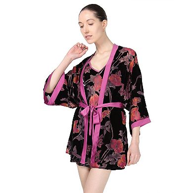 Women's Velvet Burnout Satin Trim Floral Kimono Robe