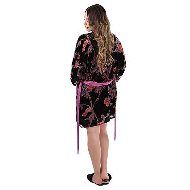 Women's Velvet Burnout Satin Trim Floral Kimono Robe