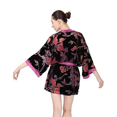 Women's Velvet Burnout Satin Trim Floral Kimono Robe