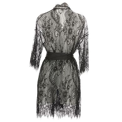 Women's Nathalie Allover Lace Kimono-Style Robe with Satin Belt
