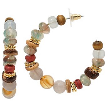 Emberly Gold Tone Multi Bead & Wood C Hoop Earrings