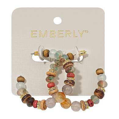 Emberly Gold Tone Multi Bead & Wood C Hoop Earrings