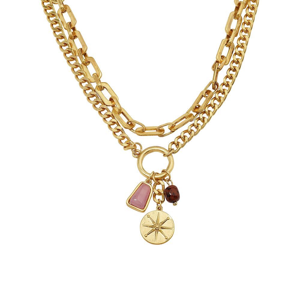 Emberly Gold Tone 2 Row Chain Stone Charm Necklace