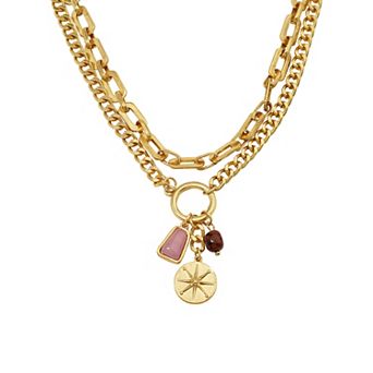 Emberly Gold Tone 2 Row Chain Stone Charm Necklace