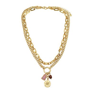 Emberly Gold Tone 2 Row Chain Stone Charm Necklace
