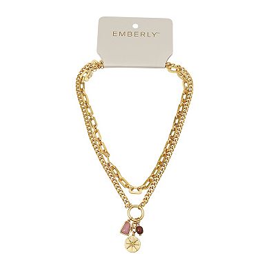 Emberly Gold Tone 2 Row Chain Stone Charm Necklace