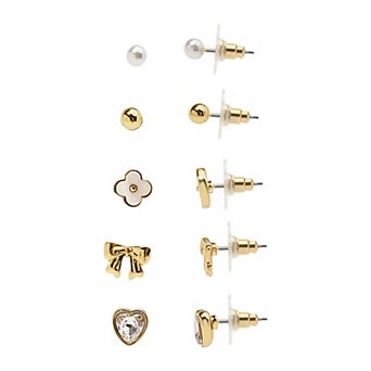 LC Lauren Conrad Gold Tone 5-Pair Simulated Pearl & Clover Earring Set