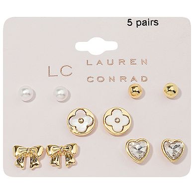 LC Lauren Conrad Gold Tone 5-Pair Simulated Pearl & Clover Earring Set