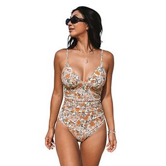 Women's Cupshe Floral Tummy Control V-Neck One Piece Swim Suit