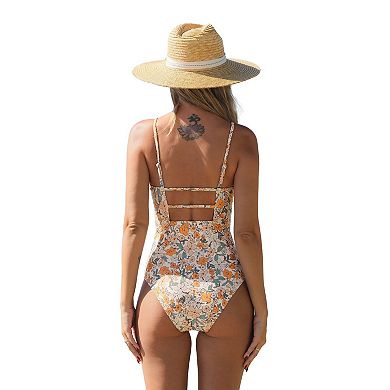 Women's Cupshe Retro Floral Square Neck One-Piece Swimsuit