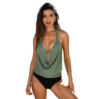 Women's Cupshe Halter Deep V Cowl Neck Low Back 2 pc Tankini Set