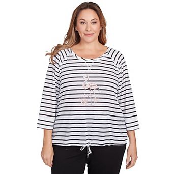 Hearts of Palm Plus Size In Black & White Drawstring Flamingo Print Top