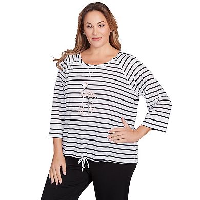 Hearts of Palm Plus Size In Black & White Drawstring Flamingo Print Top