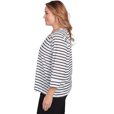 Hearts of Palm Plus Size In Black & White Drawstring Flamingo Print Top