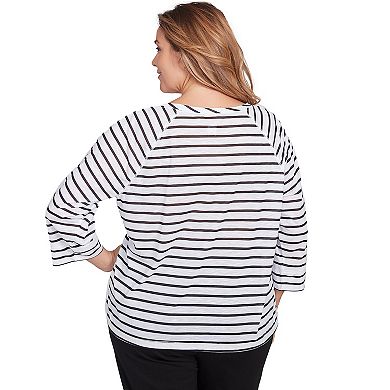 Hearts of Palm Plus Size In Black & White Drawstring Flamingo Print Top