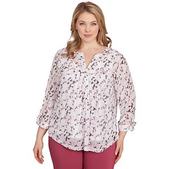 Hearts of Palm Plus Size In Black & White Floral Mesh Top