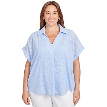 Hearts of Palm Plus Size Anchors Away Short Sleeve Eyelet Pull Over Top