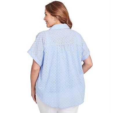 Hearts of Palm Plus Size Anchors Away Short Sleeve Eyelet Pull Over Top