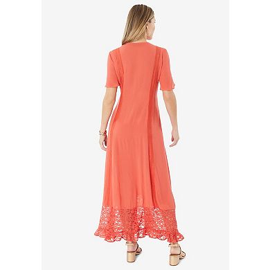 Roaman's Women's Plus Size Lace-Panelled Crinkle Boho Dress