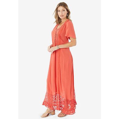 Roaman's Women's Plus Size Hand-Crinkled Lace-Panelled Boho Dress