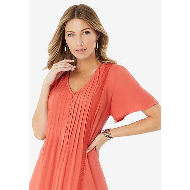 Roaman's Women's Plus Size Hand-Crinkled Lace-Panelled Boho Dress