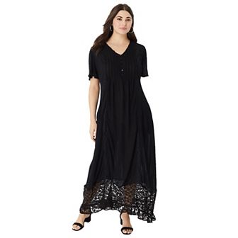 Roaman's Women's Plus Size Hand-Crinkled Lace-Panelled Boho Dress
