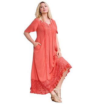 Roaman's Women's Plus Size Lace-Panelled Crinkle Boho Dress
