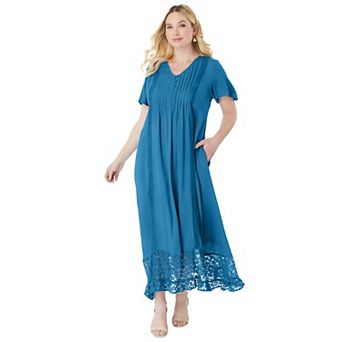Roaman's Women's Plus Size Lace-Panelled Crinkle Boho Dress