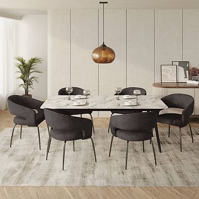 LeisureMod 7-Piece Dining Set, Rectangular Sintered Stone Table, 6 Velvet Chairs with Iron Base