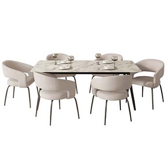 LeisureMod 7 pc Dining Set, Rectangular Sintered Stone Table, 6 Velvet Chairs with Iron Base